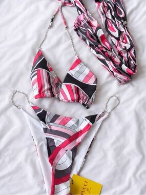 Pink & Black and Graphic Chain-Accent Bikini